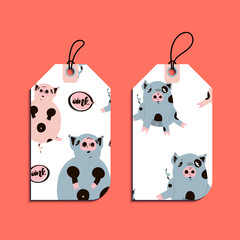 Set of gift tags with fat cute piggy. 