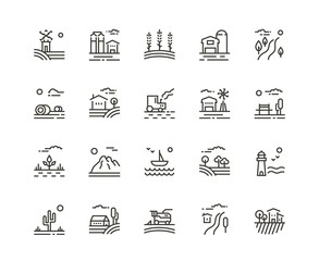 Village line icons of agriculture landscapes. Set of farming field, farm buildings, harvester trucks, tractors, mountains, boat, garden and plantation. Vector illustration, rural