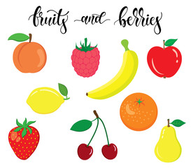 Organic, fresh and natural fruits icons and elements collection for food market, ecommerce, organic products promotion, healthy life, food and drink. Vector illustration.