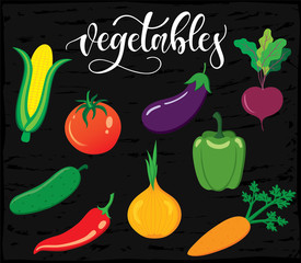 Organic, fresh and natural vegetables icons and elements collection for food market, ecommerce, organic products promotion, healthy life, food and drink. Vector illustration.