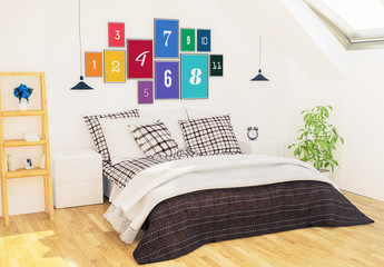 11 Frames on Bedroom Wall Mockup - Powered by Adobe