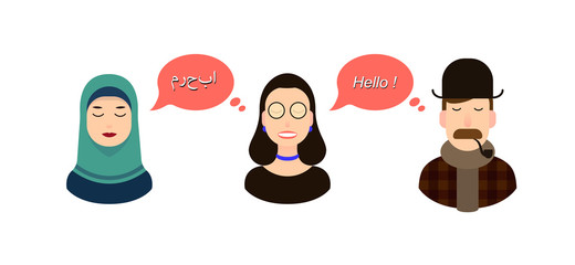 International communication translation concept illustration. tourists or businessmen or politicians from arab speaking country and England communicate through a girl translator and girl in hijab