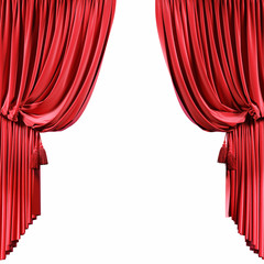 Red velvet curtains isolated on white background. 3d illustration