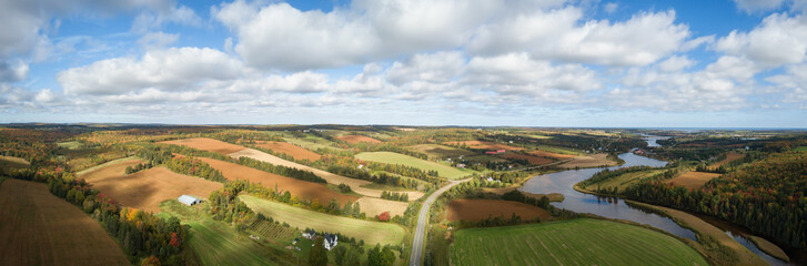 Aerial panoramic landscape view of Farm Fields during a sunny day. Taken near New Glasgow, Prince...