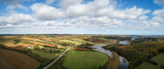 Aerial panoramic landscape view of Farm Fields during a sunny day. Taken near New Glasgow, Prince...