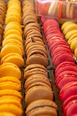 Fresh baked colorful almonds macarons, traditional French cakes