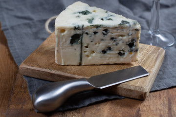 Roquefort soft French cheese made from sheep milk on  south of France, one of the world's best known blue cheeses with blue mold