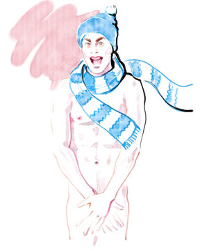 Funny Christmas Aquarelle concept. Portrait of charming excited undressed boy hiding his gentleman's parts, wearing winter accessories: blue beanie with pom-pom and scarf with white stripes.