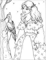 Fototapeta na wymiar A woodpecker with a beautiful Princess. Coloring book. Birds. 7