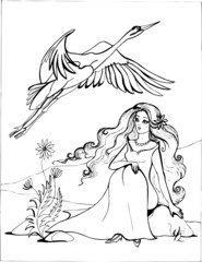 Crane with a beautiful Lady. Coloring book. Birds. 9