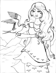 A Seagull with a beautiful young woman. Coloring book. Birds.18