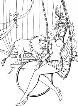 A lion with a beautiful woman. Coloring book. 39