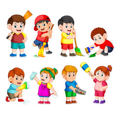 a group of children holding the cleaning tools to clean something