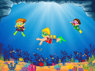 a group of children are diving with their friend with different posing