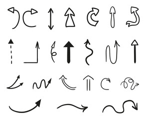 Hand drawn infographic elements on white. Abstract arrows. Line art. Set of different signs. Black and white illustration. Doodles for business