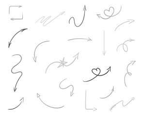 Hand drawn tangled abstract arrows on isolated white background. Line art. Set of different pointers. Black and white illustration. Doodles for artwork