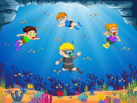 a group of children are diving under the blue sea with their friend © hermandesign2015
