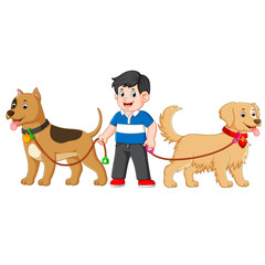 a boy is standing between two big cute dog and using a blue shirt