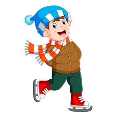a boy is using the brown jacket and red shoes for a winter season 