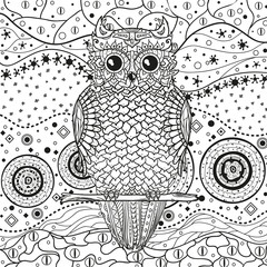 Abstract eastern pattern with owl on isolated white. Hand drawn abstract patterns on isolation background. Design for spiritual relaxation for adults. Black and white illustration