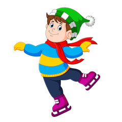 a boy is using the green hat and red shawl with the ice skating shoes