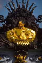 Gilded bas relief and sculptures on the iconic Pont Alexandre III over the Seine River in Paris, France