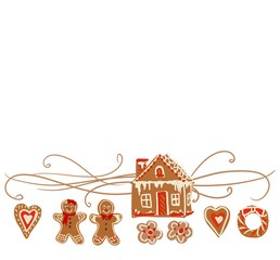 Gingerbread men, people,  scene, banner, header, border, happy holidays, wide, cute, fun, hand drawn illustration with flourish, in traditional gingerbread colors