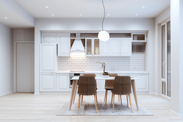 Beautiful White Classic Kitchen in new Luxury Home with Hardwood Floors, and Vintage Appliances 3d render night version