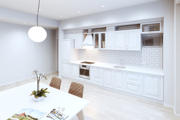 Beautiful White Classic Kitchen in new Luxury Home with Hardwood Floors, and Vintage Appliances 3d render night version