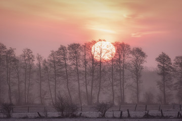 Sonnenaufgang in der Nähe von Hannover an einem kalten Wintermorgen