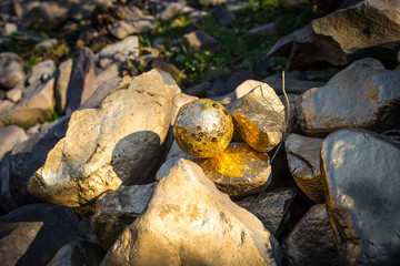 Christmas and New Year concept. Small gift at nature during sunlight. Empty space. No snow