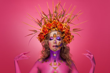 Portrait of a woman with face art in the style of the day of the dead and the Renaissance