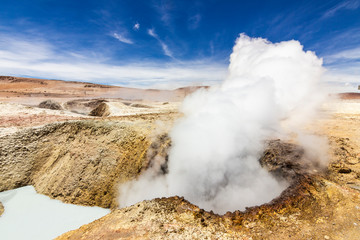 Sol de Mañana Geyser an amazing Earth power representation inside the Bolivian Altiplano we can see the awe volcanic landscape feeling the extreme heat in the middle of the Andes mountains, Bolivia