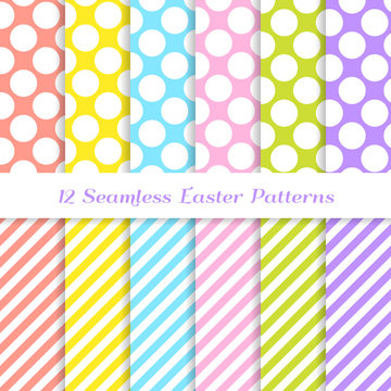 Easter Candy Stripes and Jumbo Polka Dot Vector Seamless Patterns in Coral, Yellow, Pink, Blue, Lime Green, Lavender Violet and White. Repeating Pattern Tile Swatches Included.