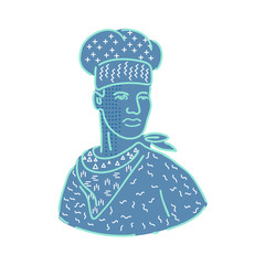 1980s Memphis style design illustration of a chef, cook or baker wearing a scarf or bandana looking to side on isolated background.
