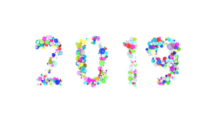 Happy New year 2019 word lettering made with colorful spheres floating and isolated on white background. 3d illustration