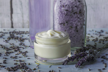 Homemade lavender facial cream with salts and lavender tonic