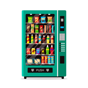 Full Vending Machine With Fast Food Snacks And Drinks Isolated On White. Automat Vendor Machine Front View Automatic Seller. Snack Dispenser Flat Illustration In Vector