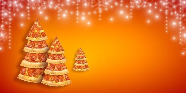 Christmas promotion flyer with pizza slice in shape of Christmas tree with copy space. Creative concept new year poster pizza