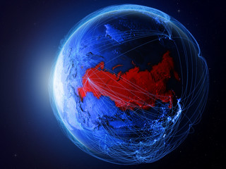 Russia from space on planet Earth with blue digital network representing international communication, technology and travel.