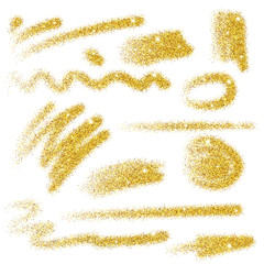 Set of gold glitter brush strokes with sparkles on white background. 