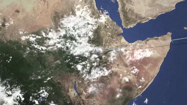 Commercial airplane flying to Addis Ababa, Ethiopia, 3D animation 