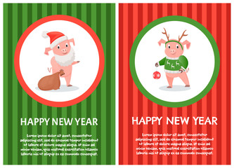 Santa Wishes Happy New Year Postcard Pig Vector