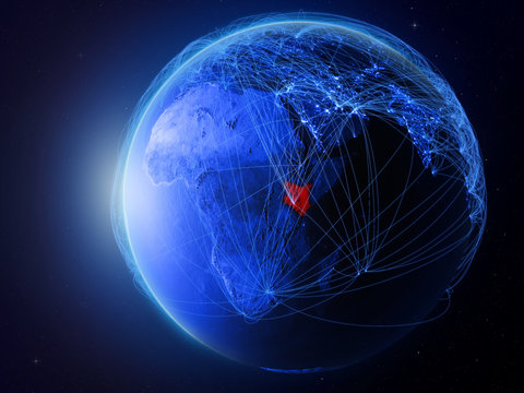 Kenya from space on planet Earth with blue digital network representing international communication, technology and travel.