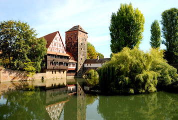 Fototapeta na wymiar Old town Nuremberg, Germany along side of the river Pegnitz. 