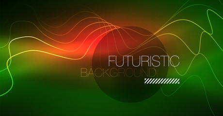 Abstract shiny glowinng color wave design element on dark background - science or technology concept