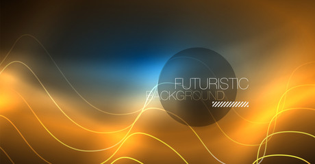 Glowing abstract wave on dark, shiny motion, Christmas and New Year magic space light. Techno abstract background