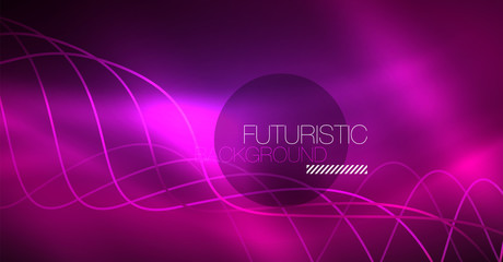 Abstract shiny glowinng color wave design element on dark background - science or technology concept