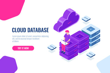 Cloud computer technology, storage and processing big data, server room, database and datacenter isometric icon, digital engineering, cartoon people vector