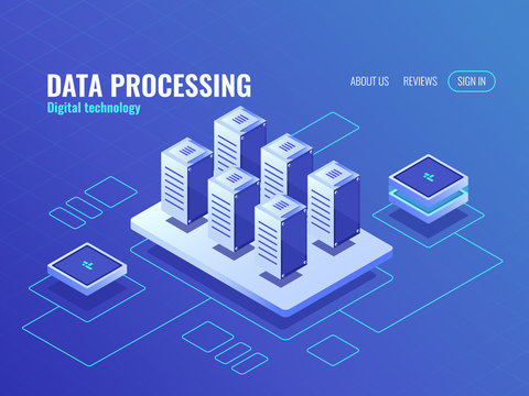 Concept of big data storage and backup isometric icon, server room database and data center, protected data transfer